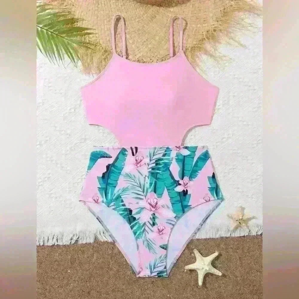 SHEIN Teen Girl's Floral  Print Hollow Out Waist Cami
One-Piece Swimsuit